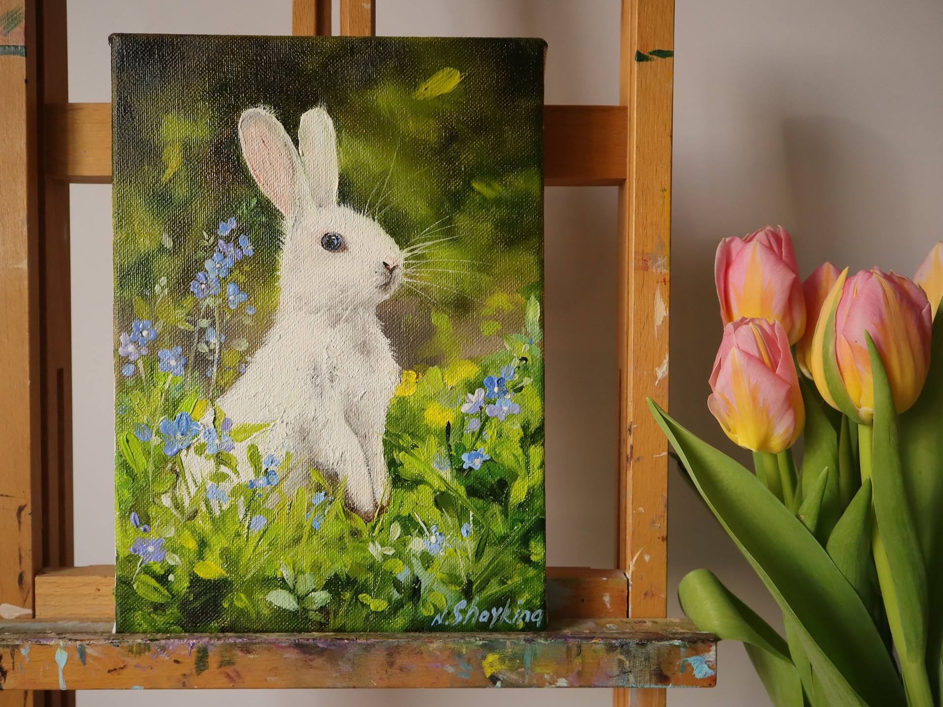 MBUNNY RABBIT OIL PAINTING ON CANVAS SIGNED BY BUNNY good MAN