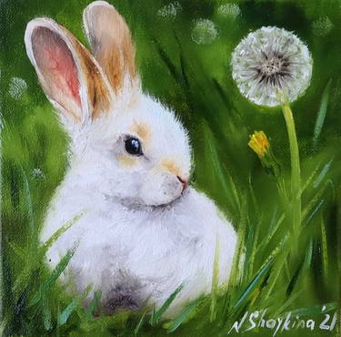 White Bunny, Original Oil Painting on Canvas thumb