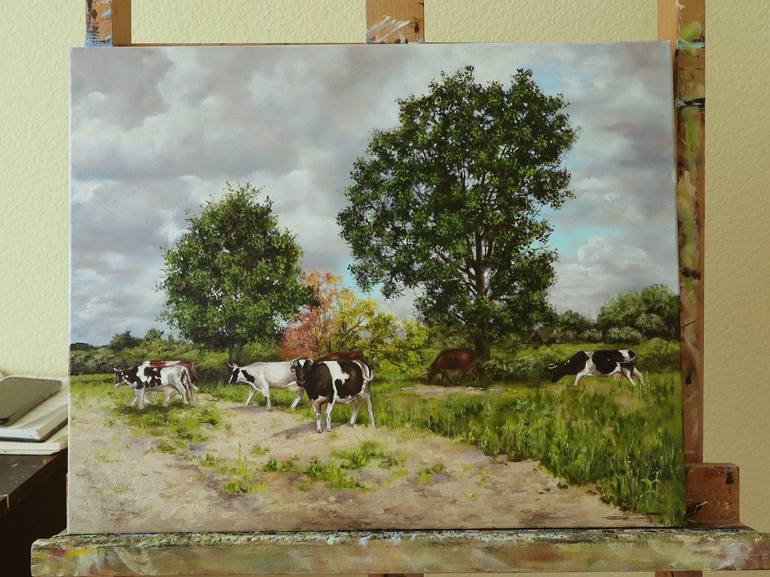 Original Realism Cows Painting by Natalia Shaykina