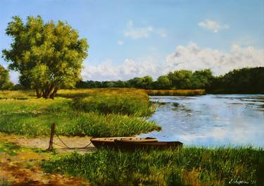 Old wooden boats on the river bank, Original Oil Painting thumb