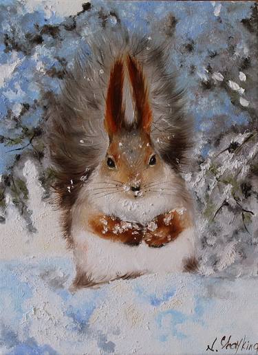 Red Squirrel Winter Original Oil Painting thumb