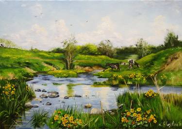 Cows in the Meadow. Original oil painting on canvas. thumb