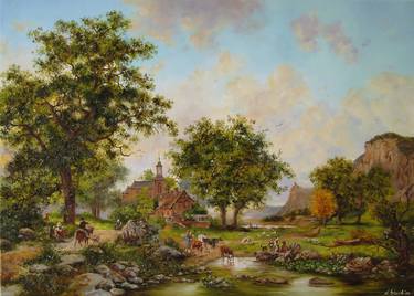 ORIGINAL LANDSCAPE PAINTING, Dutch Scenery Old Master Style thumb