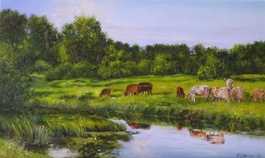 Cows in the Pasture, OIL ORIGINAL PAINTING, Rural Landscape thumb