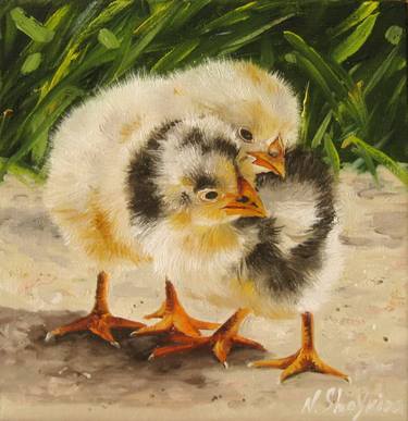 Two Baby Chickens Original Oil Painting thumb