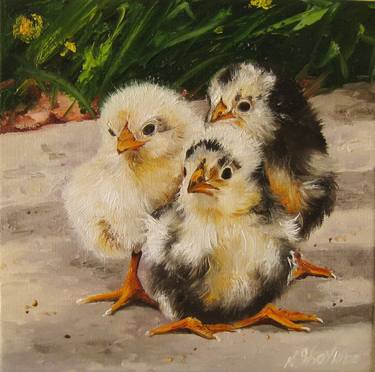 Cute Little Chicks Painting Oil Original thumb