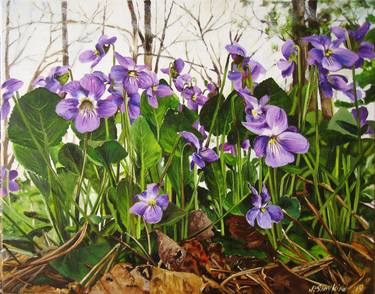 REALISTIC FLOWERS of VIOLETS in the Spring Forest thumb
