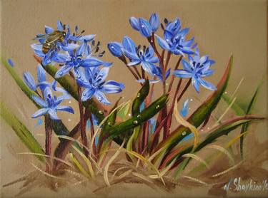 Original Oil Painting Blue Flowers and Bee, Spring Scenery thumb