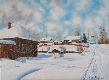 Winter Rural landscape. Scene of village life. thumb