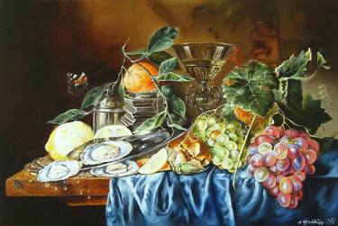 Still Life with Mandarin and Oysters. Fruit oil painting thumb