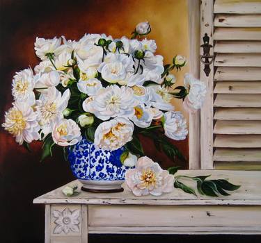 White Peonies in a blue vase thumb