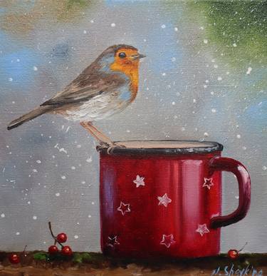 Christmas Bird Art, Original Winter Robin Oil Painting thumb