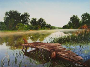 Morning Fishing, Painting Oil Landscape River Reflection thumb