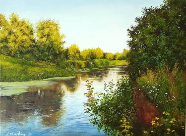 RIVERSIDE PAINTING ORIGINAL oil, Summer Landscape Canvas Art thumb
