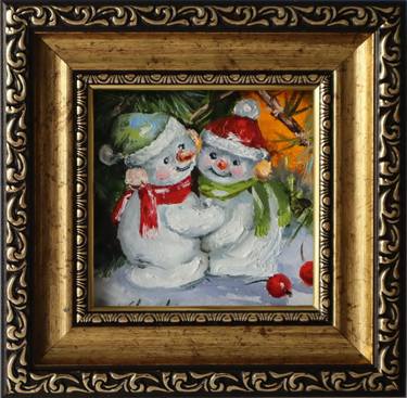 Christmas Art, Snowman Painting in Frame thumb