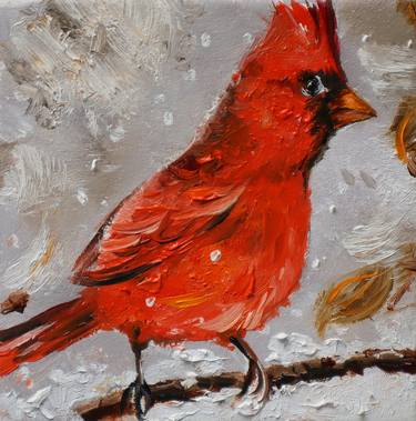 Winter Cardinal, Christmas Art, Oil Painting in Frame thumb