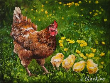 Mother Hen and Baby Chicks, Original Oil Painting thumb