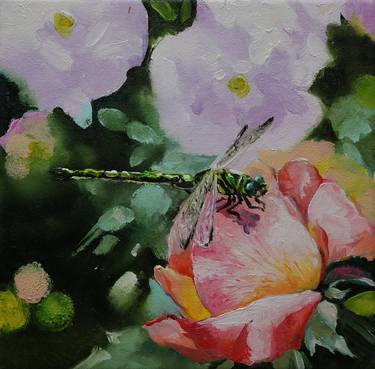 Original Oil Painting Dragonfly and Flowers, Insect Artwork thumb