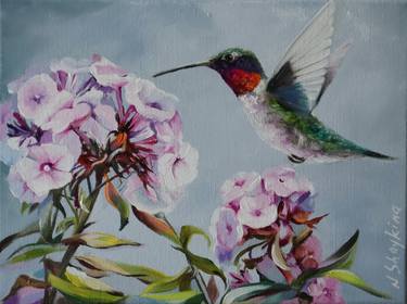 Hummingbird and Pink Flowers Phlox, Original Oil Painting thumb