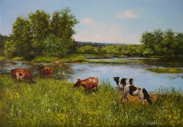 Cows at Watering Place. Original oil painting  on canvas. thumb