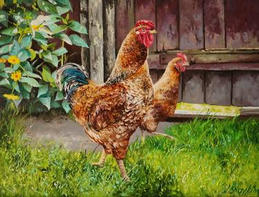 Rooster and Hen, Original oil painting  on canvas. thumb