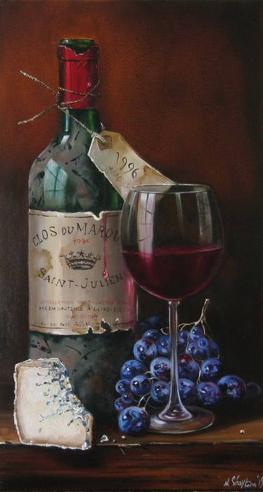 Bottle of Wine with Wine Glass Painting Original Still Life thumb
