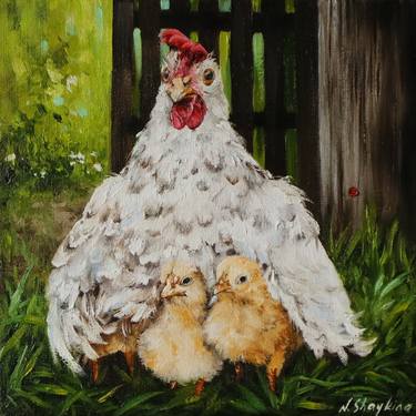 Mother hen and her chicks, Original oil painting  on canvas. thumb