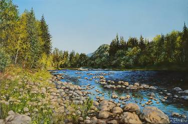 Mountain River, Calm Landscape Painting thumb