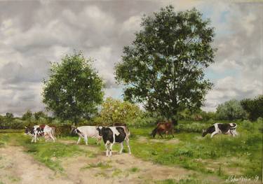 Cows grazing, Pastoral Landscape, Country Road Art thumb
