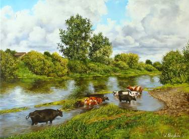 Cattle Watering in a River Landscape Oil Painting Original thumb