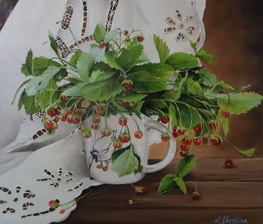 Wild Strawberry Bouquet in a Cup, Original Oil Painting thumb