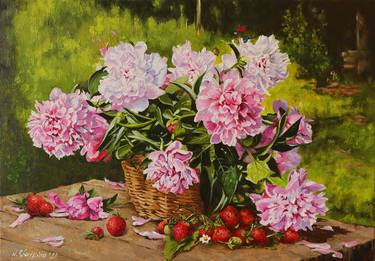 Pink Peonies Bouquet Painting, Rustic Still Life thumb