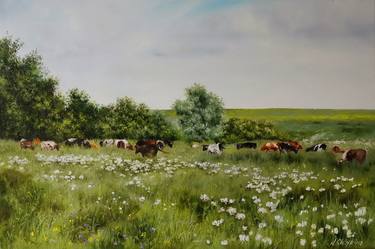 Cows in the Meadow. Original oil painting on canvas. thumb