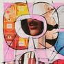 Shapes 078 is a mixed technique built with collage, acrylic & charcoal, painting on waterpaper, cut and pasted magazines. The background its acrylic painted in pink color.