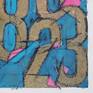 Some numbers, painted, cut and folded on paper and glued together make up the image in a dynamic balance.