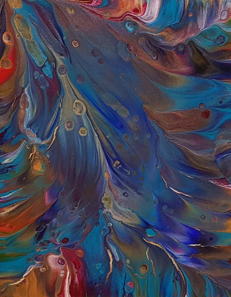 Blue and Gold Feathers Abstract Original Acrylic Pour Painting, 8 x 10,  Fluid Art Painting