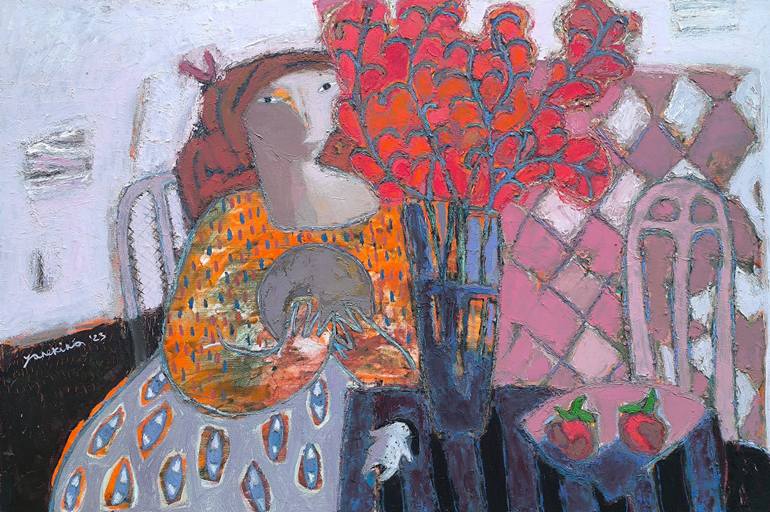 Original Women Painting by Natalia Yanekina | Modernism Art on Canvas | A girl with a bouquet of red flowers
