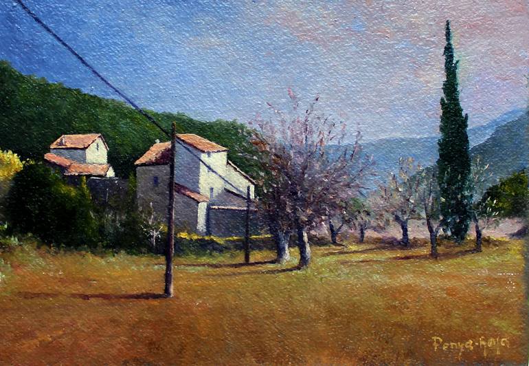 Original Landscape Painting by Vicent Penya-roja | Realism Art on Paper | Morning at the farmhouse