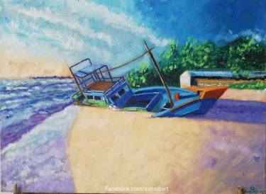 Seascape with Boat - Beautiful Oil Painting on Canvas thumb
