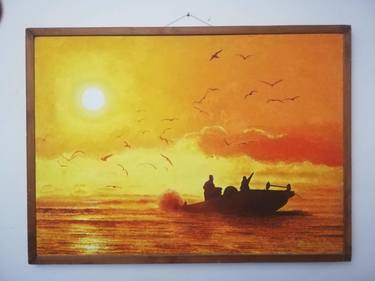 Sunset Painting with Birds & Boat thumb