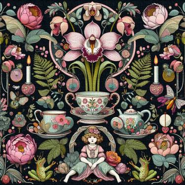 Art Nouveau Doll, Teacup and Orchids in the Garden with Frogs thumb