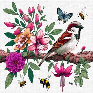 Sparrow with Fuchsia, Orchids, Dahlia, Butterfly and Bees thumb