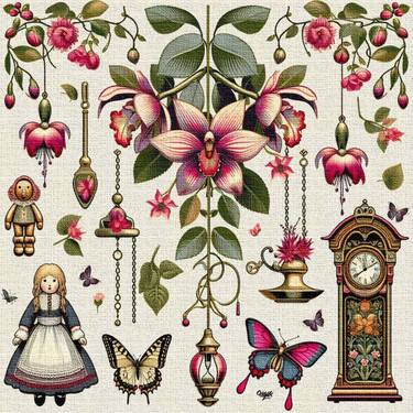 Doll with Fuchsias, Clock and Butterflies thumb