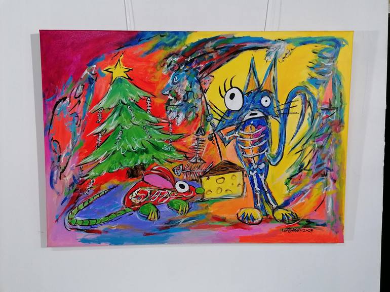 Original Abstract Expressionism Cats Painting by Artist Wabyanko