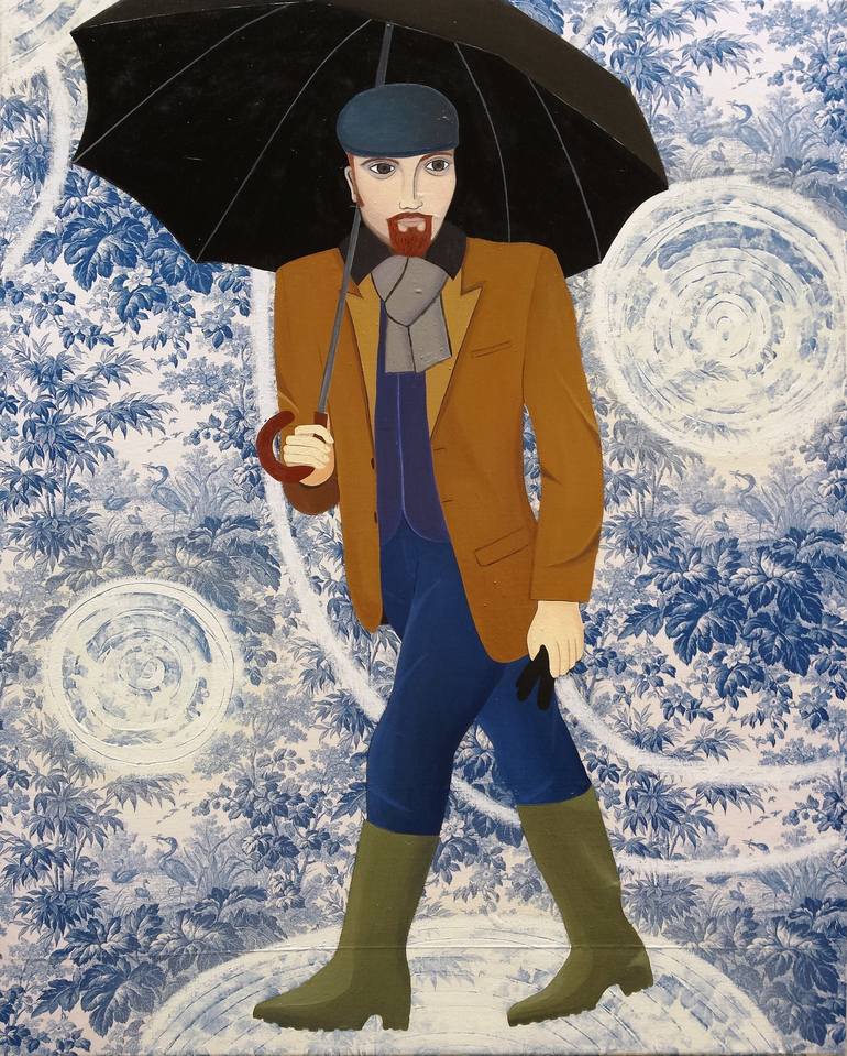 man with umbrella painting