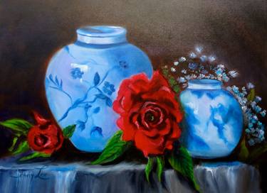 Blue and White, Red Roses thumb