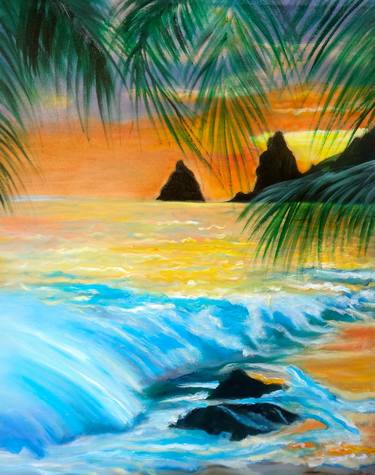 Beach Sunset, Hand Made Art, One of a Kind, Original oil thumb