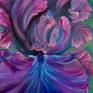 Original oil painting on stretched canvas.  Soft iris petals of blue and magenta dance across the canvas creating a lovely portrait of a beautiful flower.