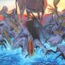A painting based on the mega-fauna of the An Nafud desert of the northern region of the Arabian Peninsula. The oryx and a flock of feeding white pelicans stand sea-side as a bio-luminescent tide laps at the shores.
