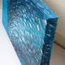 This painting is inspired by the natural phenomenon of the bait ball. Small fish swarm together in a defensive measure and create a dazzling shimmering effect. It is a small painting and the cheerful aqua colours would brighten up a wall in any room.